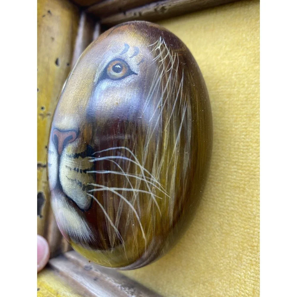 African hand painted lions face on stone egg framed signed Searcy rustic